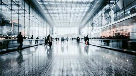 Light trendy exhibition with blurred people. Long exposure shot. Abstract image of modern glass hall. Generative AIの素材