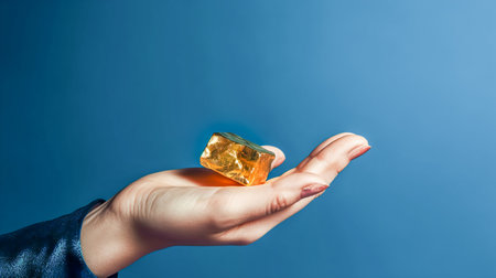 Hand holding gold nugget on blue background. Generative AIの素材