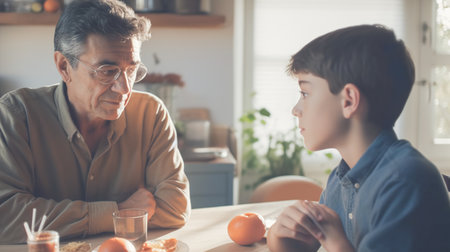 Father and son boy are talking at dinner table. Generative AIの素材