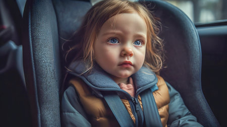 Small child rides in car seat in auto. Generative AIの素材