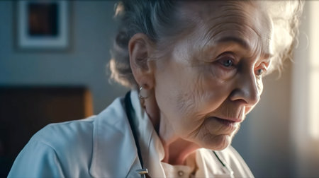 Portrait of elderly female doctor with smart look and kind eyes. Generative AIの素材