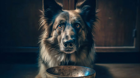 Dog at empty bowl. Hungry dog on dark background. Banner, copy space. Generative AIの素材