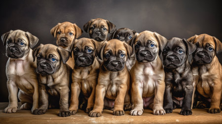 Cute american bulldog puppies sitting in row. Generative AIの素材