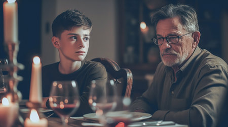 Father and son boy are talking at dinner table. Generative AIの素材