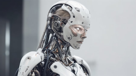 Cyborg robot head with glowing eyes on light background. Blend of machine and man. Generative AIの素材