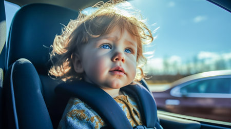 Small child rides in car seat in auto. Generative AIの素材