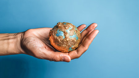 Hand holding gold nugget on blue background. Generative AIの素材