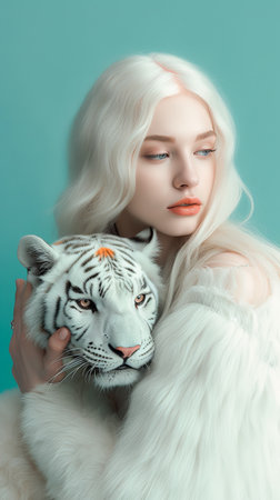 Cute blonde woman with long blond hair with white albino tiger on light background. Generative AIの素材