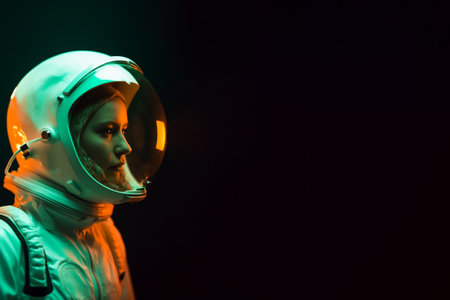 Cute girl in white spacesuit on dark background. Banner, copy space. Generative AIの素材