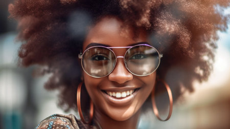 Portrait of beautiful African African model girl on street. Fashion black woman. Generative AIの素材