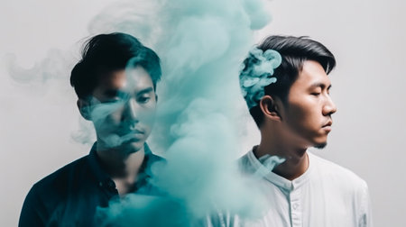 Portrait of Asian mans in smoke against gray wall. Cloud of white smoke. Generative AIの素材