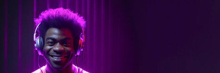 Portrait of African American man in white headphones listens to music on neon light background. Banner, copy space. Generative AIの素材