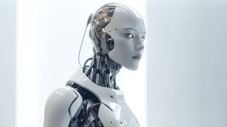 Cyborg robot head with glowing eyes on light background. Blend of machine and man. Generative AIの素材