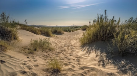 Desert landscape with sand dunes and sun setting. Generative AIの素材