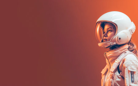 Cute girl in white spacesuit on orange background. Banner, copy space. Generative AIの素材