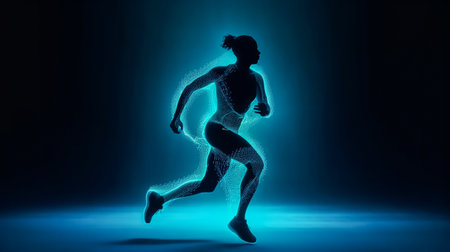 Silhouette of running athlete. Abstract image of sporty woman runner jogger on blue form lines, point background. Dynamic movement, vide view. Generative AIの素材