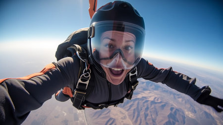 Happy girl jumps with parachute. Joyful woman jumps out of flying aircraft. Generative AIの素材