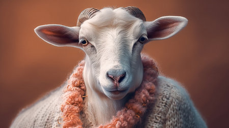 Cute ram with horns in warm knitted sweater. Sheep in clothes on dark background. Generative AIの素材