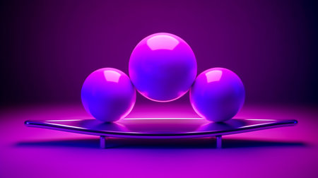 Balls of various shapes balance on neon background. Geometric elements in minimal style. Abstract futuristic wallpaper. Generative AIの素材