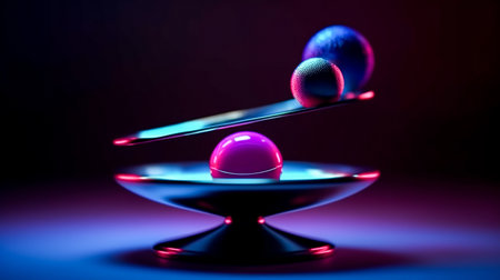Balls of various shapes balance on neon background. Geometric elements in minimal style. Abstract futuristic wallpaper. Generative AIの素材