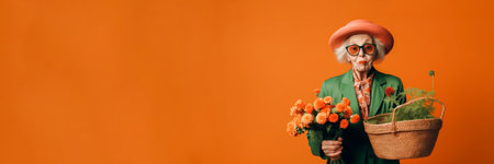 Portrait of funny old lady gardener with flower seedlings on orange green background. Banner, copy space. Generative AIの素材