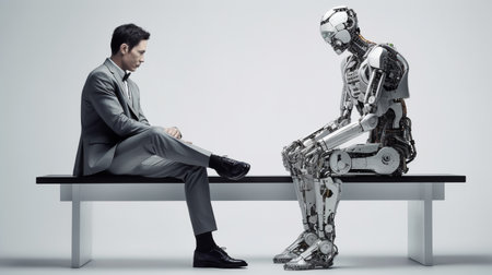 Human and robot sitting opposite each other and talking. Generative AIの素材