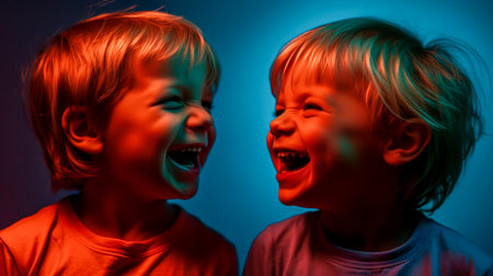 Portraits laughing boys on neon light. Generative AIの素材