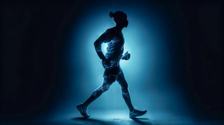 Silhouette of running athlete. Abstract image of sporty man runner jogger on blue form lines, point background. Dynamic movement, vide view. Generative AIの素材