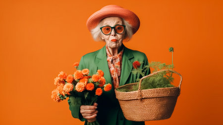 Portrait of funny old lady gardener with flower seedlings on orange green background. Generative AIの素材