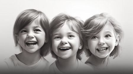 Group laughing children of different nationalities on light background. Black and white drawing. Generative AIの素材