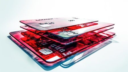Plastic bank cards. Red credit cards on white background. Generative AIの素材