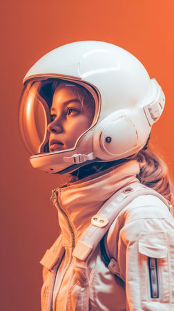 Cute girl in white spacesuit on orange background. Generative AIの素材