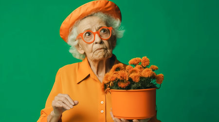 Portrait of funny old lady gardener with flower seedlings on orange green background. Generative AIの素材