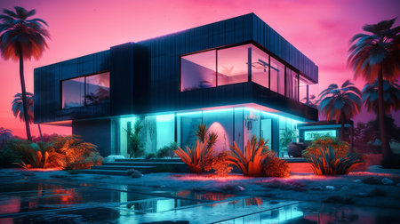 Modern villa with swimming pool in night neon light. Neon colored facade. Generative AIの素材
