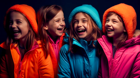 Portraits of cute funny children of various nationalities with emotions on faces in neon light. Generative AIの素材