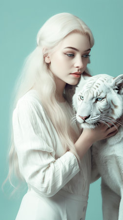 Cute blonde woman with long blond hair with white albino tiger on light background. Generative AIの素材