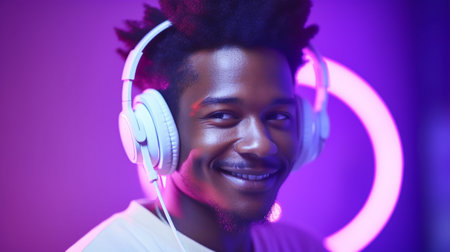 Portrait of African American man in white headphones listens to music on neon light background. Generative AIの素材