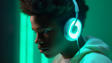 Portrait of African American man in white headphones listens to music on neon light background. Generative AIの素材