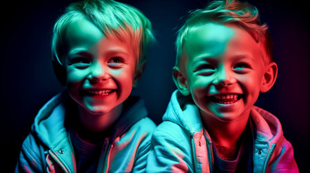 Portraits laughing boys on neon light. Generative AIの素材