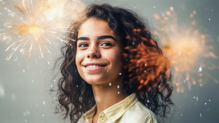 Portrait of smiling beautiful girl with long hair and fireworks on light background. Generative AIの素材