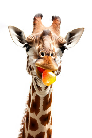 Funny curious giraffe eats lollipop on white background. Generative AIの素材