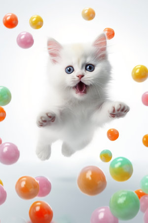 Cute funny white kitten jumping into flying colorful candy lollipops. Generative AIの素材