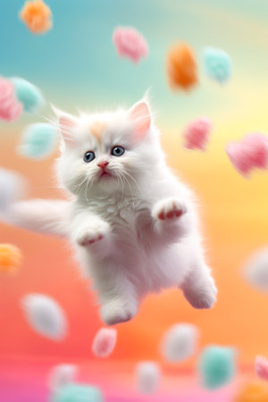 Cute funny white kitten jumping into flying colorful candy lollipops. Generative AIの素材