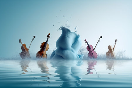 Colorful violins in water fly in waves of music. Music art poster for live concerts and festivalsの素材