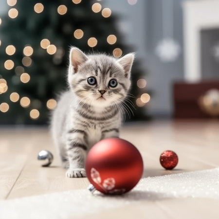 Little kitten plays with Christmas decorations and balls. Cute furry friend for Christmas cardの素材