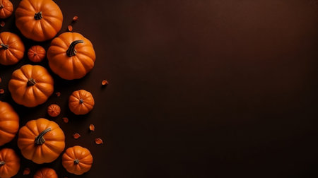 Halloween pumpkins on dark background. Autumn background. Holiday Halloween. Flat lay style, copy space.の素材