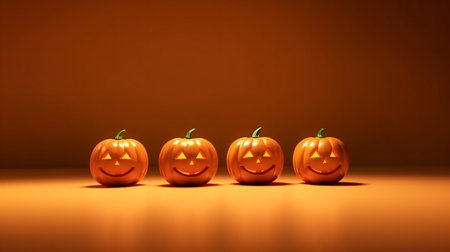 Halloween pumpkins on orange background. Autumn background. Holiday Halloween. Copy space.の素材