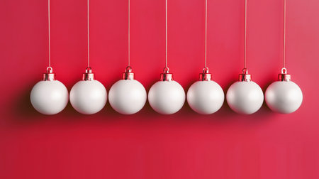 Christmas bauble ornaments for holiday. Row of white New Year's balls on red background. Flat lay, top view, copy space.の素材