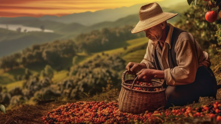 Colombian man wearing hat harvesting ripe coffee on plantation. Portrait of Farmer picking red beanの素材
