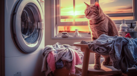 Cat sitting on washing machine. Bathroom interior in apartment, cozy house. Washing machine with dirty laundry. High quality illustrationの素材